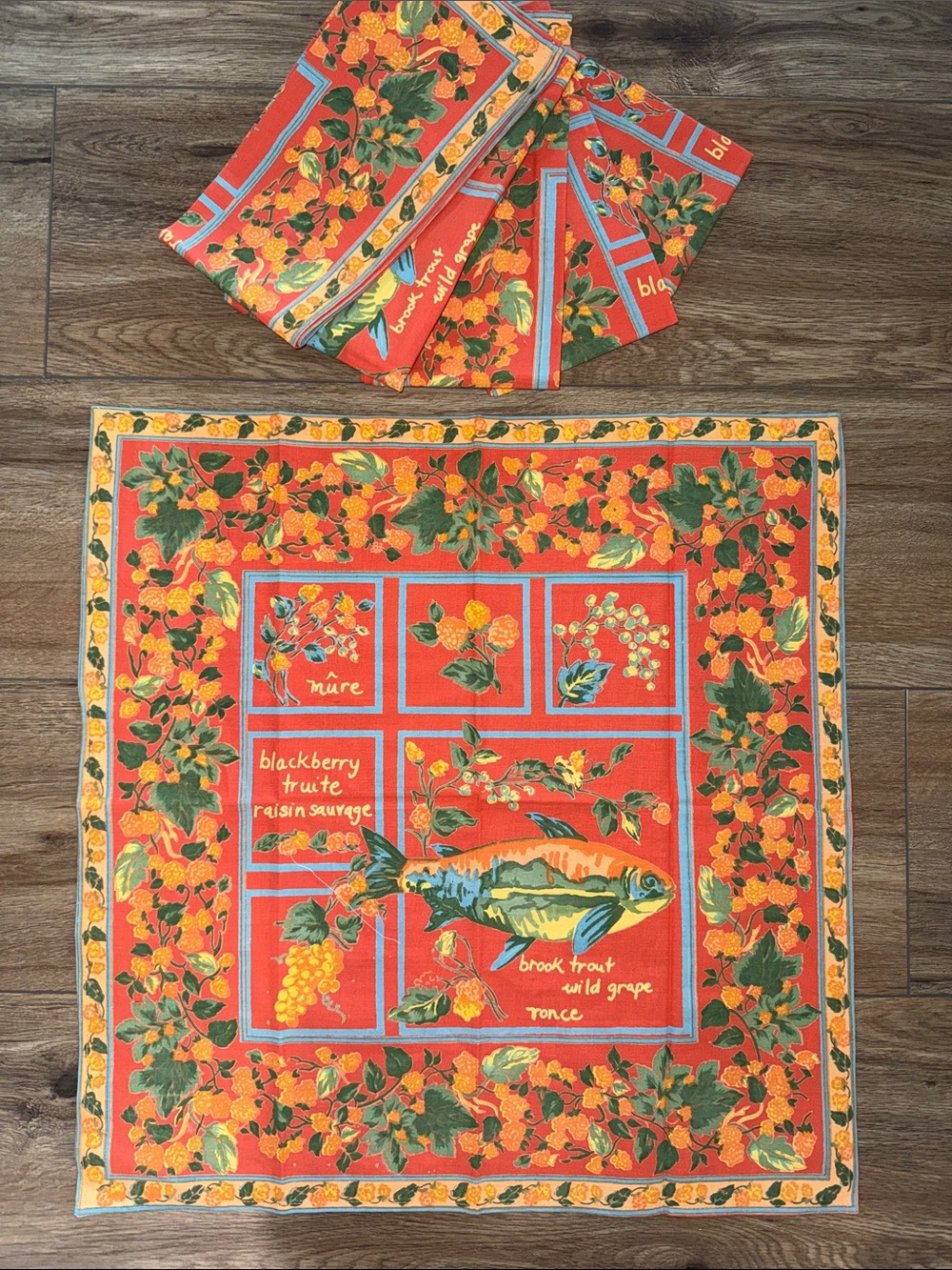 April Cornell Vibrant Orange Floral & Fish Print Napkin Set